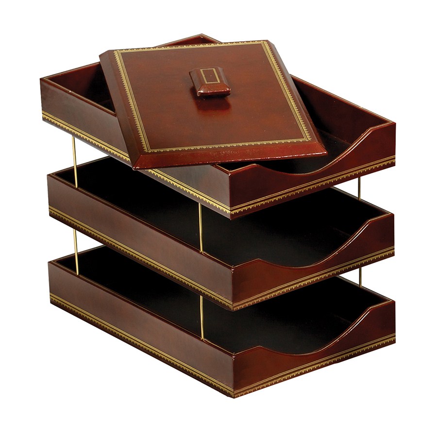 Brown Leather Letter Trays with 24kt Gold Accent, Stacking Set WAUCUSTLTRY03